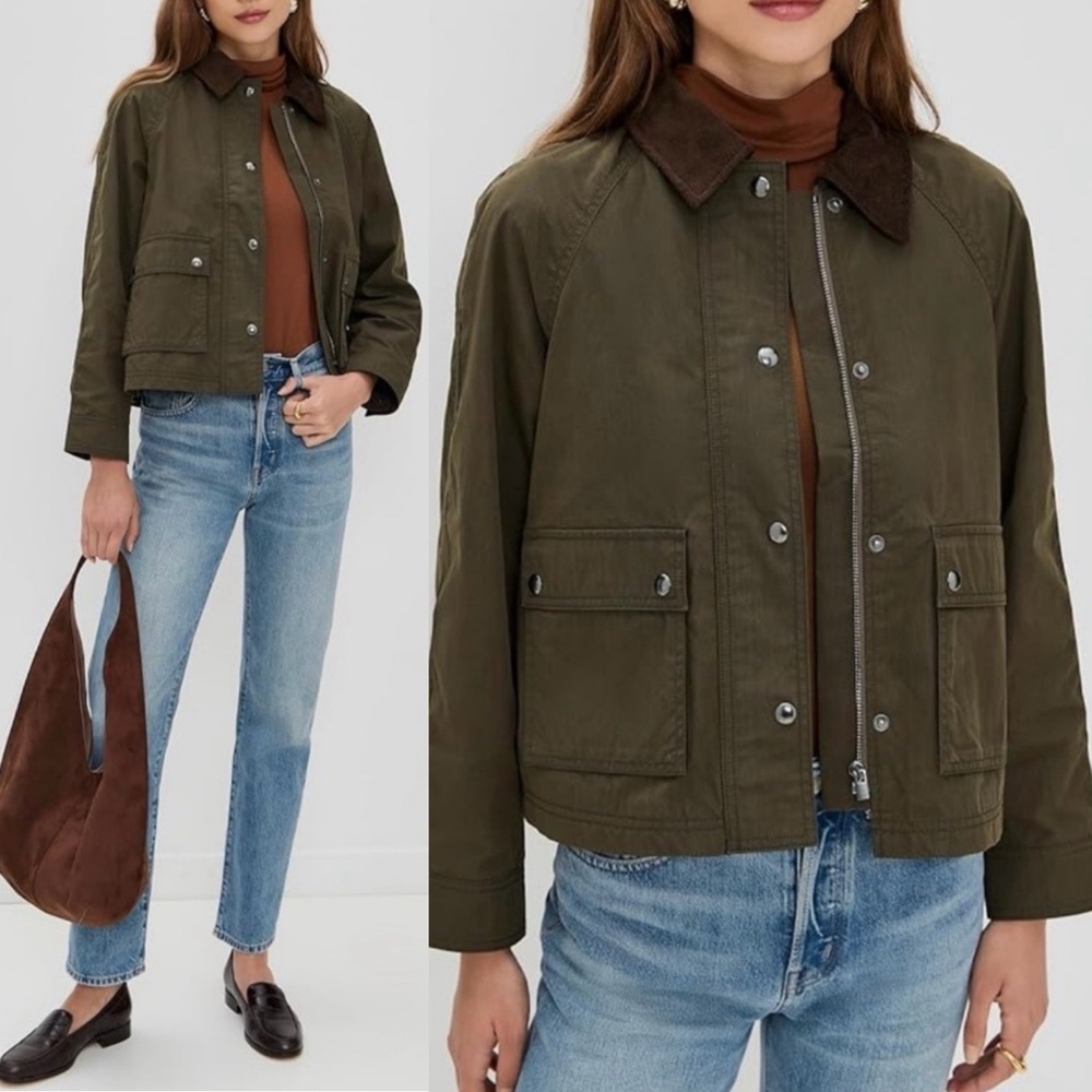 Madewell Waxed Zip-Front Barn Jacket Chore Coat Green Corduroy Collar NWT Size L